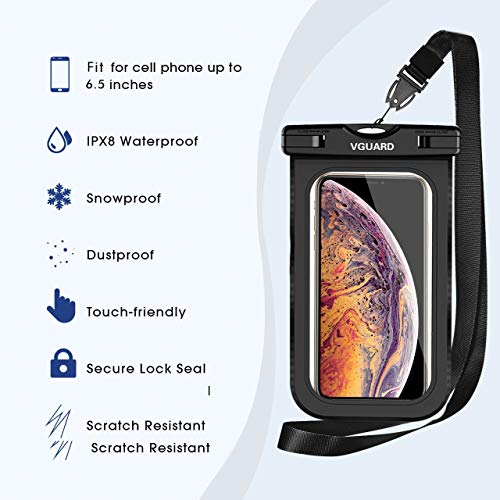 VGUARD Set de Bolsa Waterproof con Riñonera Impermeable Bolsa Cintura y Funda Móvil Impermeable para Playa Natación Canotaje Pesca, Protección Teléfono Móvil, Cámara, Documento, Pasaporte (Negro)