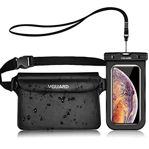 VGUARD Set de Bolsa Waterproof con Riñonera Impermeable Bolsa Cintura y Funda Móvil Impermeable para Playa Natación Canotaje Pesca, Protección Teléfono Móvil, Cámara, Documento, Pasaporte (Negro)