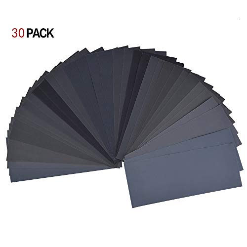 Vi-GO,papel de lija,30unidades 120 to 3000 Grit Papel de lija Surtido en seco/húmedo para automóviles lazos Edición de madera y madera girar, 9 x 3,6 pulgadas.