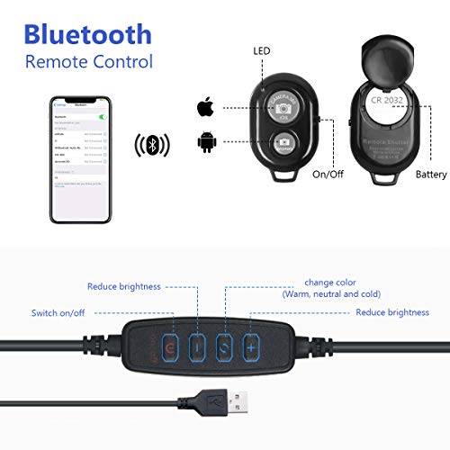 Vicloon Luz de Anillo LED 10", Trípode con Soporte de teléfono & Control Remoto Bluetooth, 3 Colores 10 Brillos Regulables, Aro de Luz para Maquillaje, Selfie, Youtube, TIK Tok