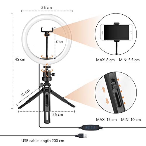Vicloon Luz de Anillo LED 10", Trípode con Soporte de teléfono & Control Remoto Bluetooth, 3 Colores 10 Brillos Regulables, Aro de Luz para Maquillaje, Selfie, Youtube, TIK Tok