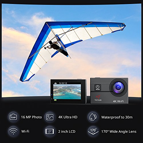 Victure Cámara Deportiva Ultra HD 4K 20MP WiFi Impermeable Videocámara Acción Acuática 170 Gran Angular 2 Baterías Cada 1050mAh con Múltiples Accesorios Kit