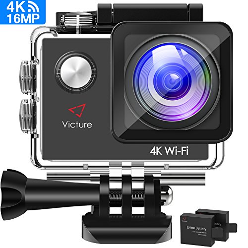 Victure Cámara Deportiva Ultra HD 4K 20MP WiFi Impermeable Videocámara Acción Acuática 170 Gran Angular 2 Baterías Cada 1050mAh con Múltiples Accesorios Kit