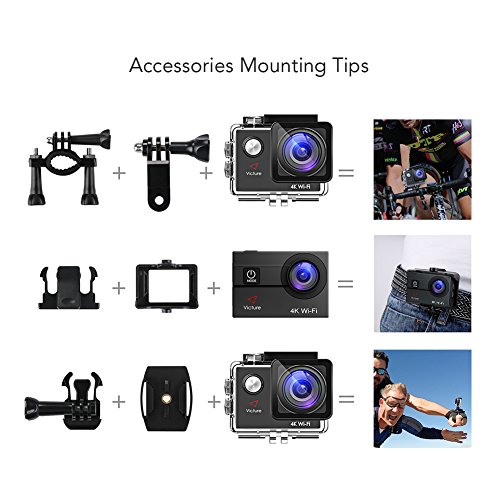 Victure Cámara Deportiva Ultra HD 4K 20MP WiFi Impermeable Videocámara Acción Acuática 170 Gran Angular 2 Baterías Cada 1050mAh con Múltiples Accesorios Kit