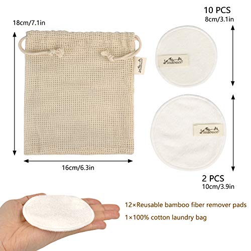 Viedouce Discos Desmaquillantes,Almohadillas Desmaquillantes Reutilizables,Hechos en Fibra de Bambú,Almohadilla Desmaquillante Facial con Bolsa de Lavado,Aptos para Todo Tipo de Pieles (12pcs)