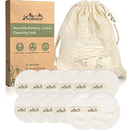 Viedouce Discos Desmaquillantes,Almohadillas Desmaquillantes Reutilizables,Hechos en Fibra de Bambú,Almohadilla Desmaquillante Facial con Bolsa de Lavado,Aptos para Todo Tipo de Pieles (12pcs)
