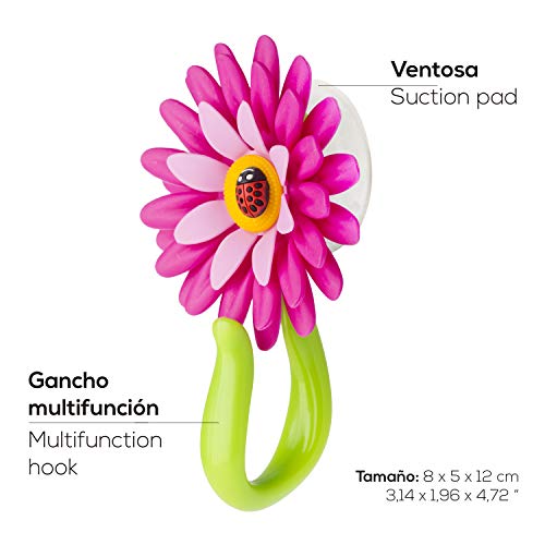 VIGAR Flower Power Gancho con Ventosa, Rosa, 8x5x12 cm, 2 Unidades, PP, Goma, PPN, PVC Friendly, Magenta y Verde, Dimensiones: 8 x 5 x 12 cm
