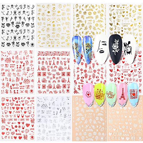 VINFUTUR 12 Hojas Pegatinas Uñas Decorativas Adhesivas Nail Art Stickers 3D Calcomanías Uñas Etiquetas Engomadas para Decoración Diseños Manicura Arte de Uñas DIY