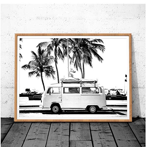 Vintage Coastal Print Retro Bus Van Camper Black Palm Tree Canvas Painting Cuadro de pared Coastal Art Decor 15.7"x 21.7" (40x55cm) Sin marco