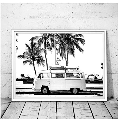 Vintage Coastal Print Retro Bus Van Camper Black Palm Tree Canvas Painting Cuadro de pared Coastal Art Decor 15.7"x 21.7" (40x55cm) Sin marco