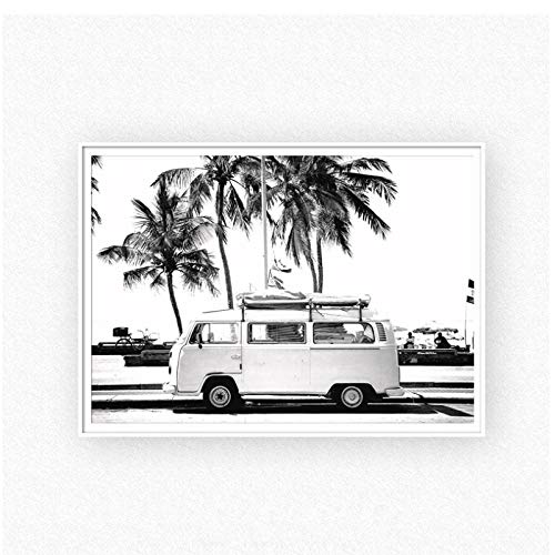 Vintage Coastal Print Retro Bus Van Camper Black Palm Tree Canvas Painting Cuadro de pared Coastal Art Decor 15.7"x 21.7" (40x55cm) Sin marco