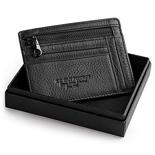 Virklyee® Billetera CarteraHombre de Piel Auténtica Cartera Tarjeta de Crédito Billetera Mini Monedero con Cremallera Tarjetero Minimalista con Capacidad de hasta 10 Tarjetas (Z-Negro)