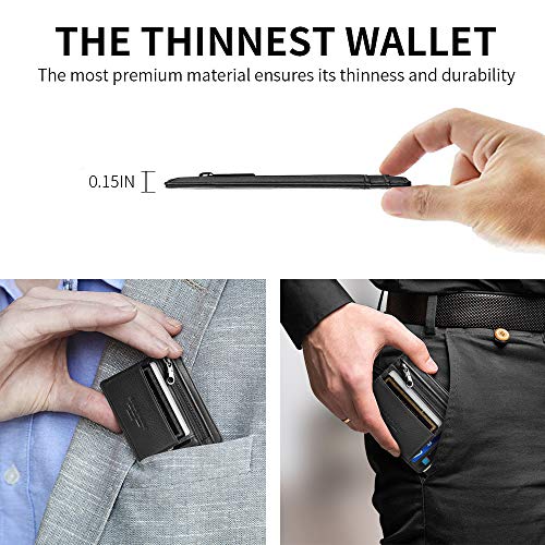 Virklyee® Billetera CarteraHombre de Piel Auténtica Cartera Tarjeta de Crédito Billetera Mini Monedero con Cremallera Tarjetero Minimalista con Capacidad de hasta 10 Tarjetas (Z-Negro)