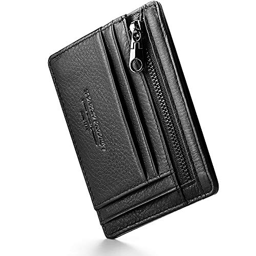Virklyee® Billetera CarteraHombre de Piel Auténtica Cartera Tarjeta de Crédito Billetera Mini Monedero con Cremallera Tarjetero Minimalista con Capacidad de hasta 10 Tarjetas (Z-Negro)