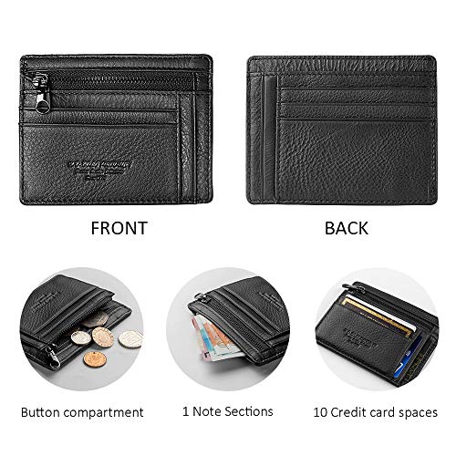 Virklyee® Billetera CarteraHombre de Piel Auténtica Cartera Tarjeta de Crédito Billetera Mini Monedero con Cremallera Tarjetero Minimalista con Capacidad de hasta 10 Tarjetas (Z-Negro)