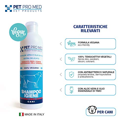 VIROSAC 140202 Champú Higiene 100% Vegano, Antibacteriano y dermoprotector para Perros Pet Pro Med. Pack de 250 ml de pH Neutro con Aloe Vera y tomillo.