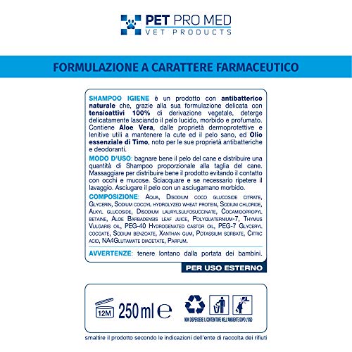 VIROSAC 140202 Champú Higiene 100% Vegano, Antibacteriano y dermoprotector para Perros Pet Pro Med. Pack de 250 ml de pH Neutro con Aloe Vera y tomillo.