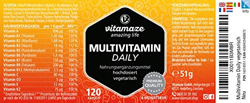 VISPURA® Multivitaminas Completo en Dosis Altas, 13 Vitaminas A, B, C, D, E, K, sin Yodo, 120 Cápsulas Vegetales para 4 Meses, Suplemento sin Aditivos Innecesarios, Calidad Alemana