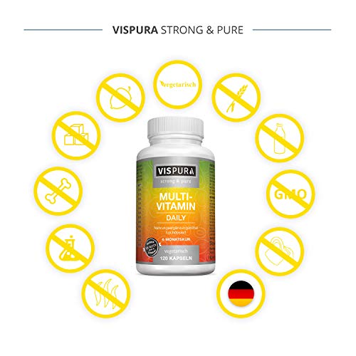 VISPURA® Multivitaminas Completo en Dosis Altas, 13 Vitaminas A, B, C, D, E, K, sin Yodo, 120 Cápsulas Vegetales para 4 Meses, Suplemento sin Aditivos Innecesarios, Calidad Alemana