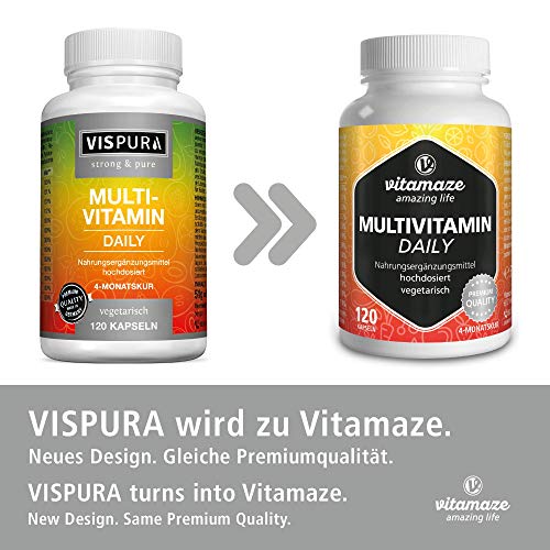 VISPURA® Multivitaminas Completo en Dosis Altas, 13 Vitaminas A, B, C, D, E, K, sin Yodo, 120 Cápsulas Vegetales para 4 Meses, Suplemento sin Aditivos Innecesarios, Calidad Alemana