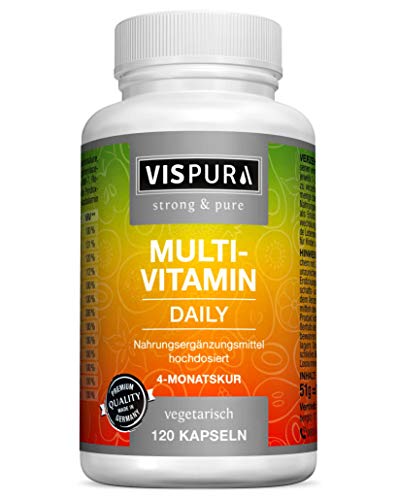 VISPURA® Multivitaminas Completo en Dosis Altas, 13 Vitaminas A, B, C, D, E, K, sin Yodo, 120 Cápsulas Vegetales para 4 Meses, Suplemento sin Aditivos Innecesarios, Calidad Alemana