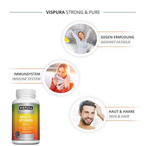 VISPURA® Multivitaminas Completo en Dosis Altas, 13 Vitaminas A, B, C, D, E, K, sin Yodo, 120 Cápsulas Vegetales para 4 Meses, Suplemento sin Aditivos Innecesarios, Calidad Alemana