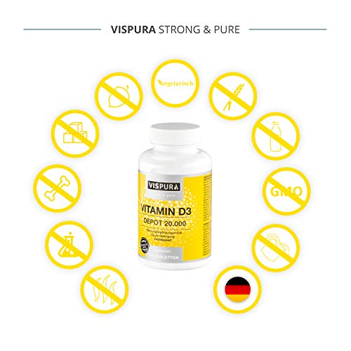 VISPURA® Vitamina D Depot 20000 UI Dosis Fuerte (Dosis de 20 días), 180 Comprimidos Vegetariano, Vitamin D3 Suplementos sin Aditivos Innecesarios, Calidad Alemana