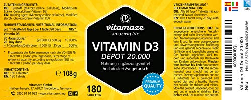 VISPURA® Vitamina D Depot 20000 UI Dosis Fuerte (Dosis de 20 días), 180 Comprimidos Vegetariano, Vitamin D3 Suplementos sin Aditivos Innecesarios, Calidad Alemana