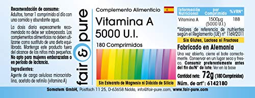 Vitamina A 5000 U.I. - Acetato de Retinol - Vegano - Alta pureza - 180 Comprimidos