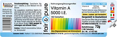 Vitamina A 5000 U.I. - Acetato de Retinol - Vegano - Alta pureza - 180 Comprimidos