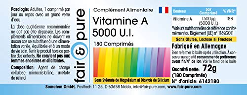 Vitamina A 5000 U.I. - Acetato de Retinol - Vegano - Alta pureza - 180 Comprimidos