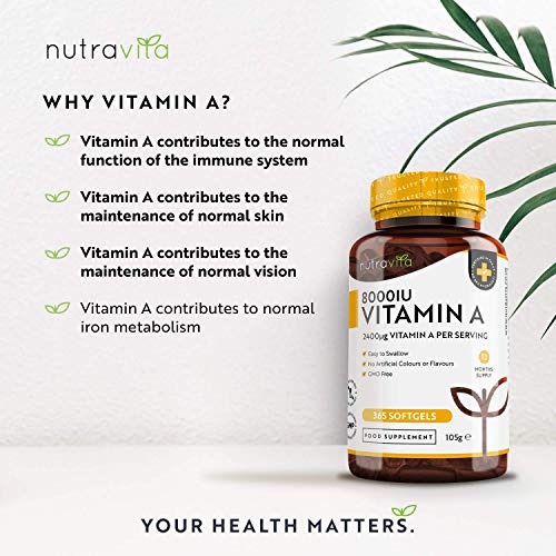 Vitamina A 8000 UI - Suministro para 1 año - 365 cápsulas blandas de la máxima potencia, fáciles de tragar - 2400 μg de vitamina A en cada cápsula - Producto elaborado por Nutravita en el Reino Unido