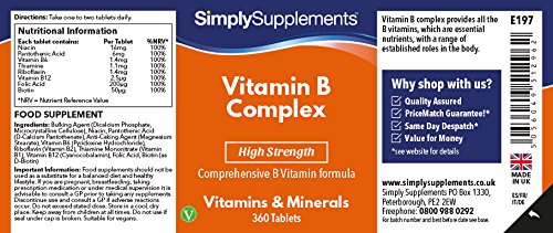 Vitamina B complex- Con todas las vitaminas del grupo B- Apta para veganos - ¡Bote para 1 año! - 360 comprimidos -Simply Supplements