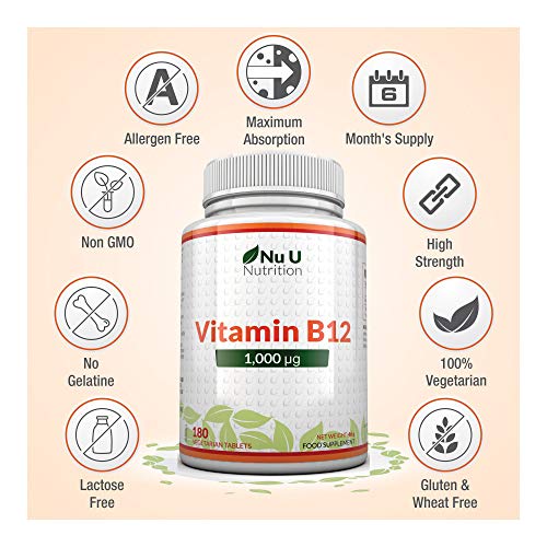 Vitamina B12 1000 μg - B12 Metilcobalamina de Alta Potencia - 180 Comprimidos Vegetarianos y Veganos (Suministro Para 6 Meses) - Fabricado en el Reino Unido por Nu U Nutrition