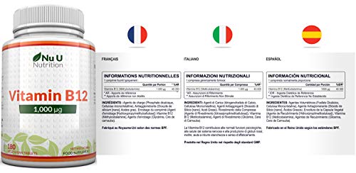 Vitamina B12 1000 μg - B12 Metilcobalamina de Alta Potencia - 180 Comprimidos Vegetarianos y Veganos (Suministro Para 6 Meses) - Fabricado en el Reino Unido por Nu U Nutrition
