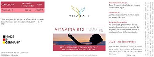 Vitamina B12-1000 µg por Porción - 365 Comprimidos - Provisión Anual - 40.000% de la Necesidad Diaria - Dosis Alta de Metilcobalamina - Vegano - Máxima Biodisponibilidad - German Quality