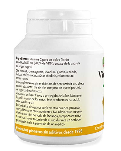 Vitamina C pura 650 mg x 90 cápsulas, Ácido ascórbico, Sin amortiguar y NO OGM, Apto para vegetarianos y vegetarianos, sin Estearato de magnesio o aditivos desagradables, Fabricado en el Gales