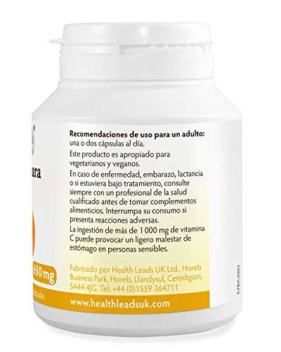 Vitamina C pura 650 mg x 90 cápsulas, Ácido ascórbico, Sin amortiguar y NO OGM, Apto para vegetarianos y vegetarianos, sin Estearato de magnesio o aditivos desagradables, Fabricado en el Gales