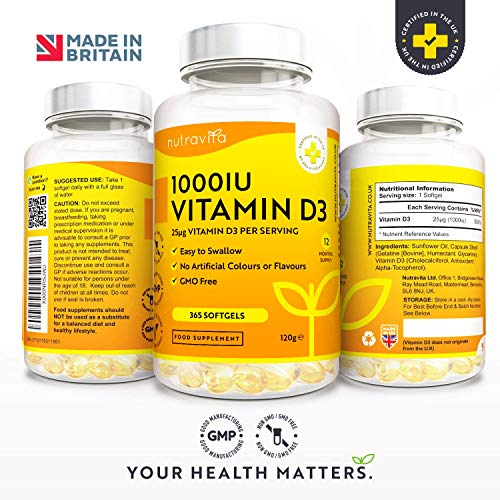 Vitamina D3 1000 UI - 365 Cápsulas de Gel de Colecalciferol (Suministro Para Un Año) - Vitamina D Contribuye al Mantenimiento de Huesos y Dientes Normales - Hecho en el Reino Unido por Nutravita