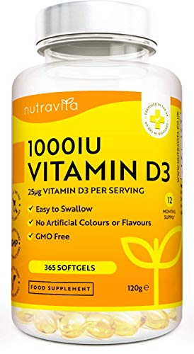 Vitamina D3 1000 UI - 365 Cápsulas de Gel de Colecalciferol (Suministro Para Un Año) - Vitamina D Contribuye al Mantenimiento de Huesos y Dientes Normales - Hecho en el Reino Unido por Nutravita