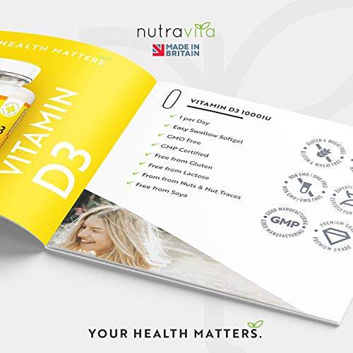 Vitamina D3 1000 UI - 365 Cápsulas de Gel de Colecalciferol (Suministro Para Un Año) - Vitamina D Contribuye al Mantenimiento de Huesos y Dientes Normales - Hecho en el Reino Unido por Nutravita