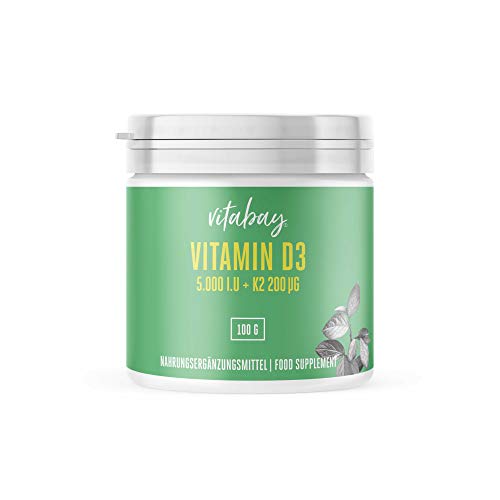 Vitamina D3 5.000 I.U + Vitamina K2 Menaquinona Mk7 200 mg, Polvo Vegano 365, Porciones sin Cápsulas