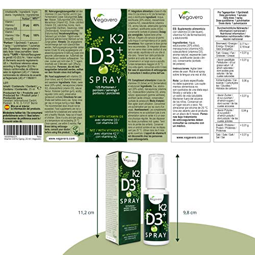 Vitamina D3 + K2 Spray Vegavero® | 100% Vegano | Sabor Manzana | Rápida Absorción | Testado en Laboratorio | 125 Pulverizaciones | Calcio + Huesos* | Colecalciferol + Menaquinona-7 (K2 MK-7)