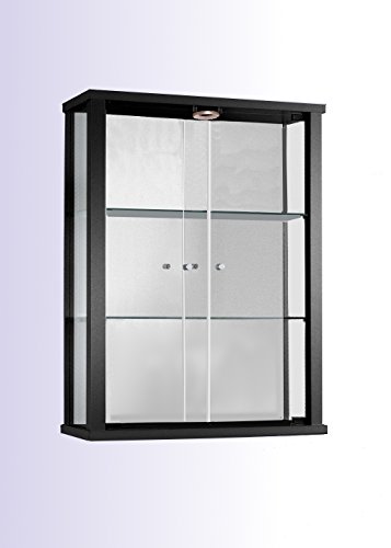 Vitrina Mueble de pared 80x60x25 cm negro con 2 estantes de vidrio, espejo y iluminación LED