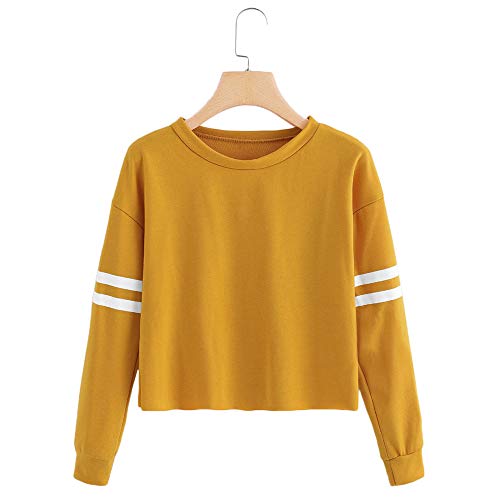 VJGOAL para Mujer de Moda Casual otoño Manga Larga de Color sólido Raya de impresión Cuello Redondo Sudadera Blusa Tops Pullover(M,Amarillo)