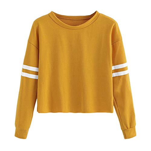 VJGOAL para Mujer de Moda Casual otoño Manga Larga de Color sólido Raya de impresión Cuello Redondo Sudadera Blusa Tops Pullover(M,Amarillo)