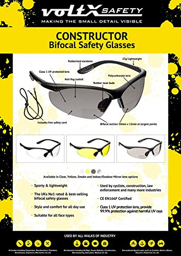 voltX 'CONSTRUCTOR' (AHUMADO/GRIS dioptría +2.5) Gafas de Seguridad de Lectura BIFOCALES que cumplen con la certificación CE EN166F / Gafas para Ciclismo incluye cuerda de seguridad - Reading Safety Glasses
