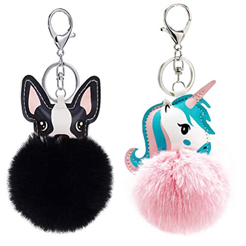 VOSAREA Bola de Pelo Pom Pom Llavero Perro y Unicorn Monedero Mochila Colgante Llavero 2 unids