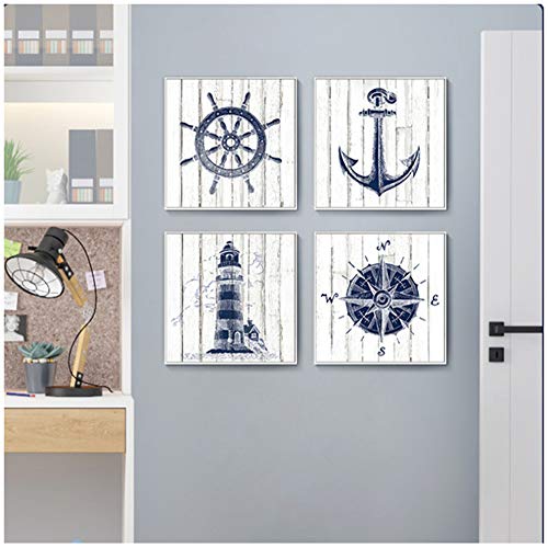 W15Y8 Arte De La Pared De La Guardería Náutica Pintura En Lienzo Marina De Guerra Brújula Faro Impresión Artes Estilo Mediterráneo Cartel Decoración De La Habitación Del Niño -50X50Cmx4 Pcs Sin Marco