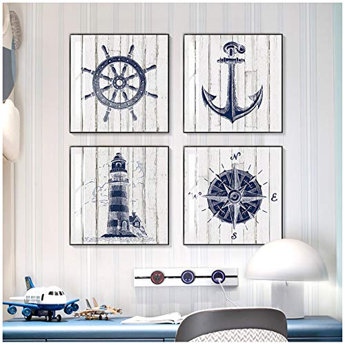 W15Y8 Arte De La Pared De La Guardería Náutica Pintura En Lienzo Marina De Guerra Brújula Faro Impresión Artes Estilo Mediterráneo Cartel Decoración De La Habitación Del Niño -50X50Cmx4 Pcs Sin Marco